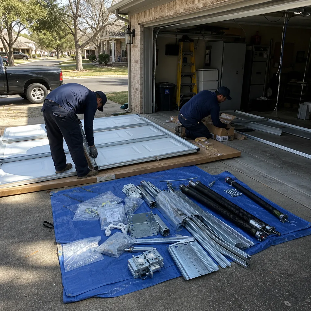 Professional garage door installation technicians working on a driveway. in Houston, TX