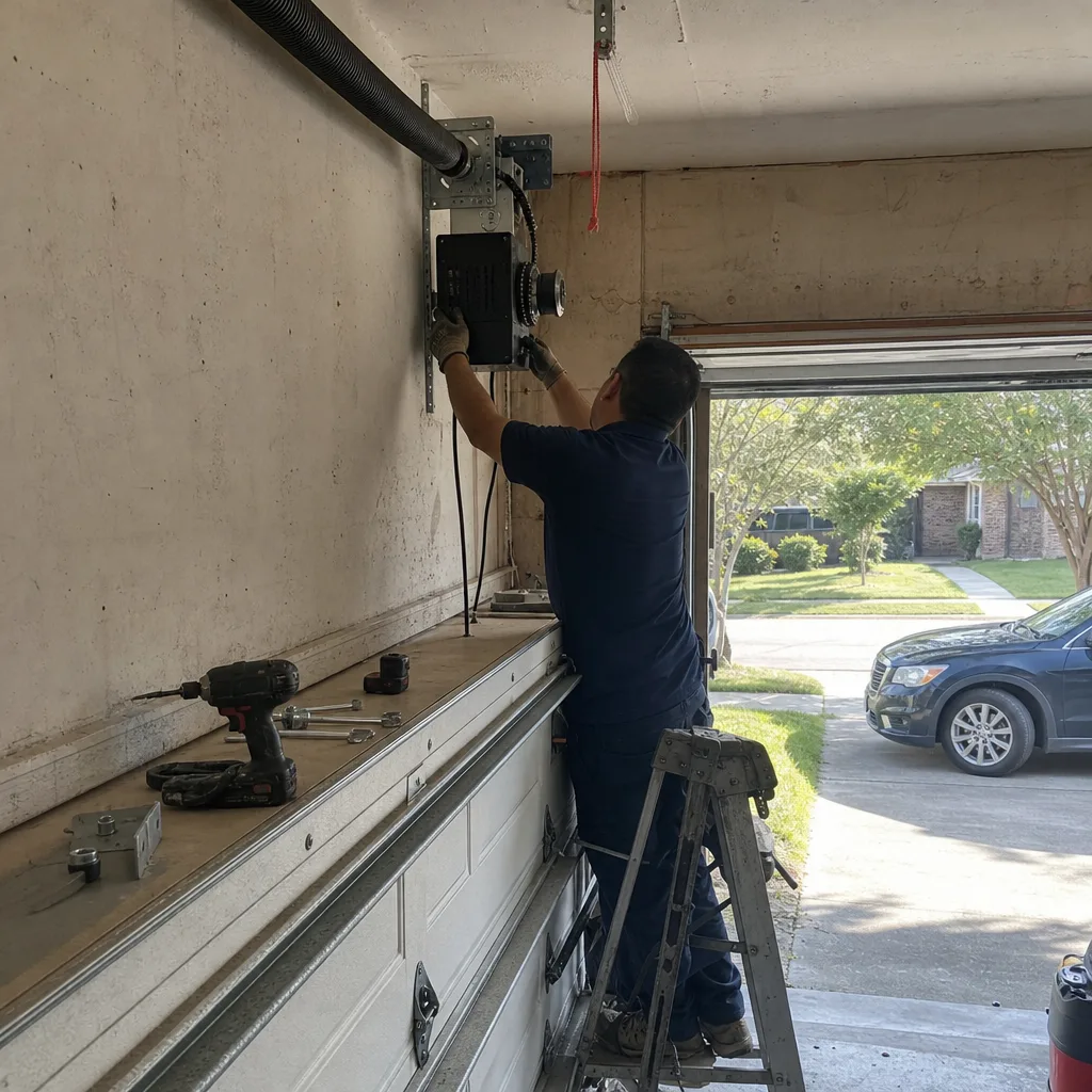Technician performing professional garage door opener repair service in Houston, TX