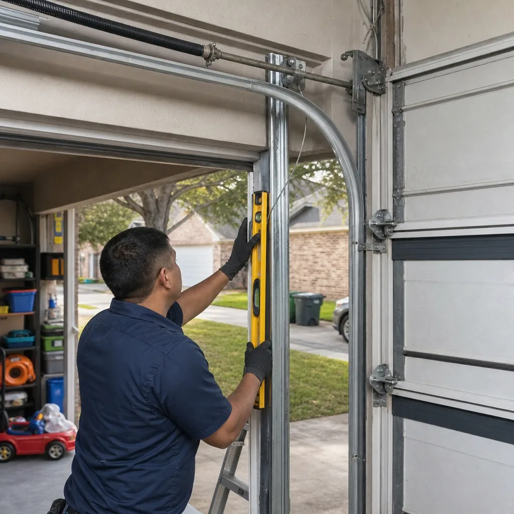 Technician using a level to align a residential garage door track