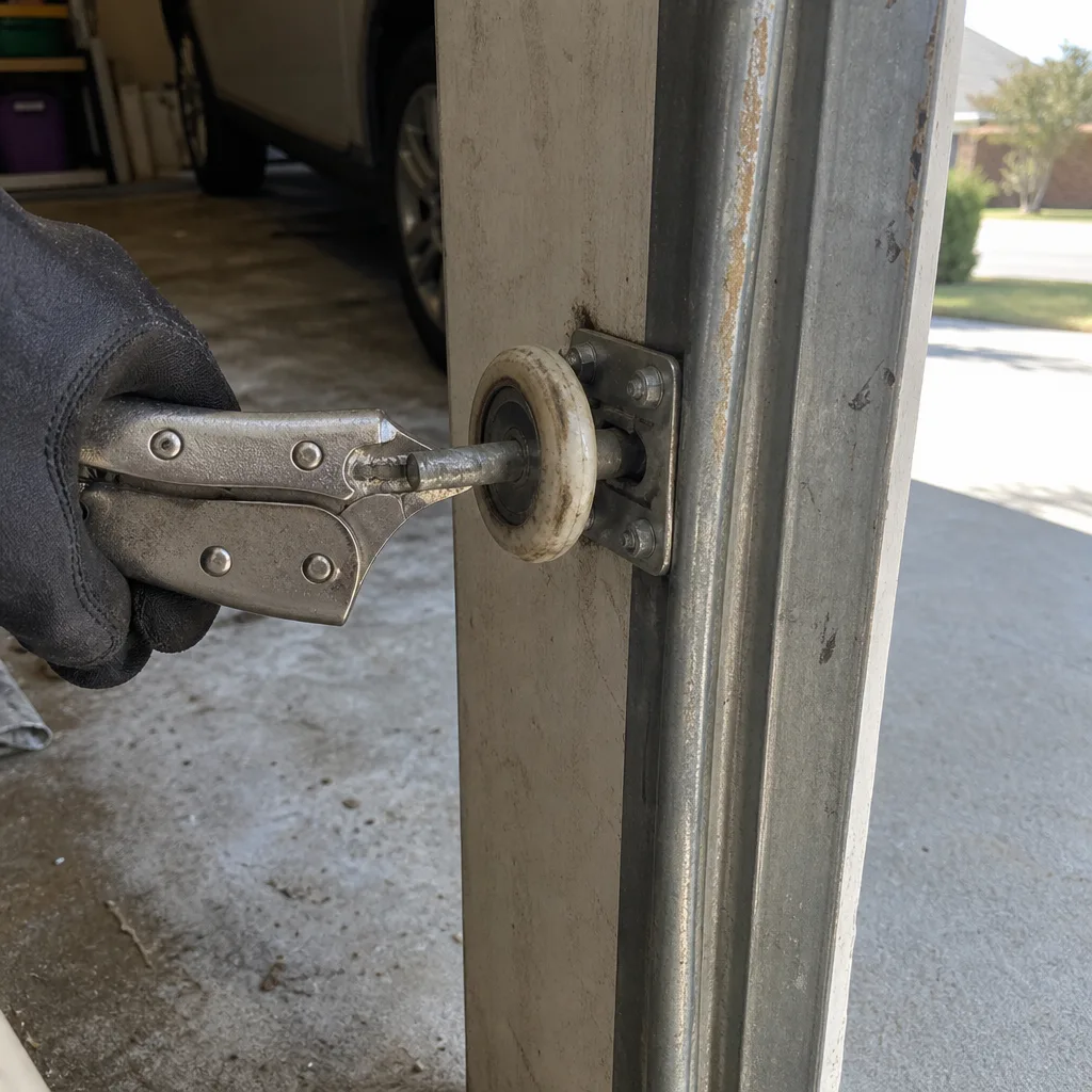 Technician using pliers to repair a garage door roller