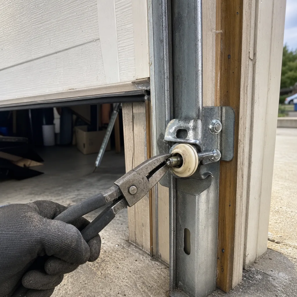 Professional garage door repair technician fixing a torsion spring system.