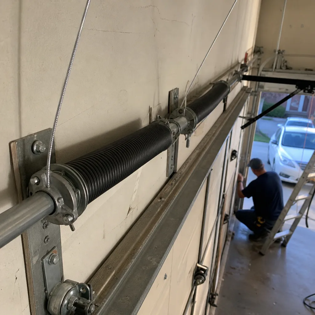 Technician performing professional garage door torsion spring repair and adjustment.