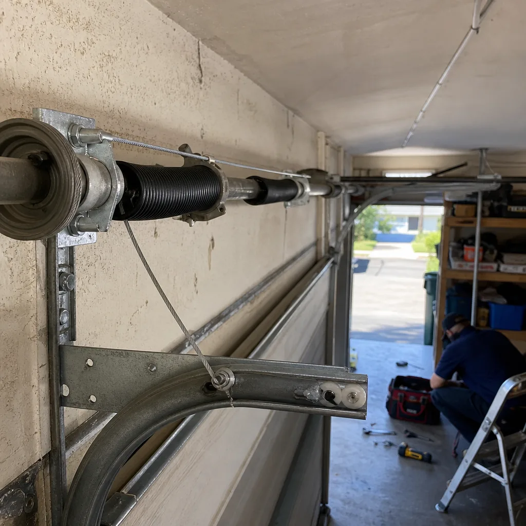 Technician performing professional garage door torsion spring repair with winding bars