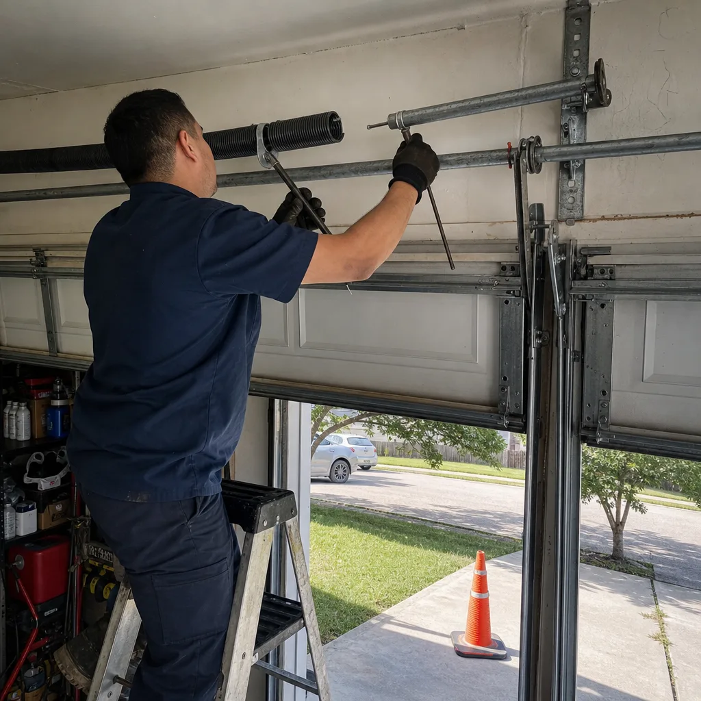 Technician performing professional garage door torsion spring repair